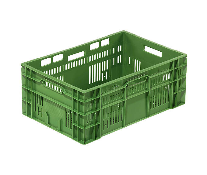 Műanyag dobozok gyümölcsök és zöldségek számára 600 x 400 x 240 mm - Perforált műanyag tartály gyümölcsök és zöldségek tárolására, 46 literes űrtartalommal.